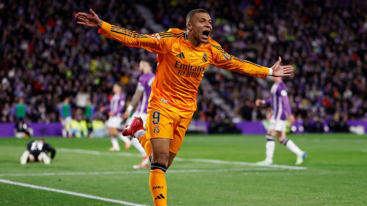 Real Madrid&#039;s Kylian Mbappe celebrates scoring against Real Valladolid in Valladolid, Spain, Jan. 25, 2025.