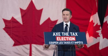 Conservative Party leader Pierre Poilievre speaks with reporters during a news conference, Ottawa, Canada, Jan. 9, 2025. (AP Photo)