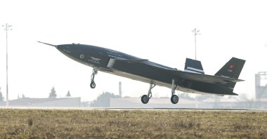 The unmanned fighter jet Kızılelma, developed by Turkish defense company Baykar, takes off for test flight, Tekirdağ, northwestern Türkiye, Jan. 18, 2025. (AA Photo)