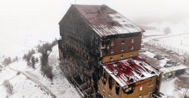 A drone-captured aerial view shows the hotel engulfed in flames at Kartalkaya Ski Resort, Bolu, northwestern Türkiye, Jan. 21, 2025. (AA Photo)