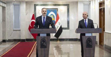 Hakan Fidan (L) speaks at a news conference with his Iraqi counterpart Fuad Hussein, in Baghdad, Iraq, Jan. 26, 2025. (AA Photo) 
