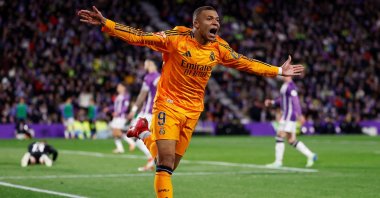 Real Madrid's Kylian Mbappe celebrates scoring against Real Valladolid in Valladolid, Spain, Jan. 25, 2025.