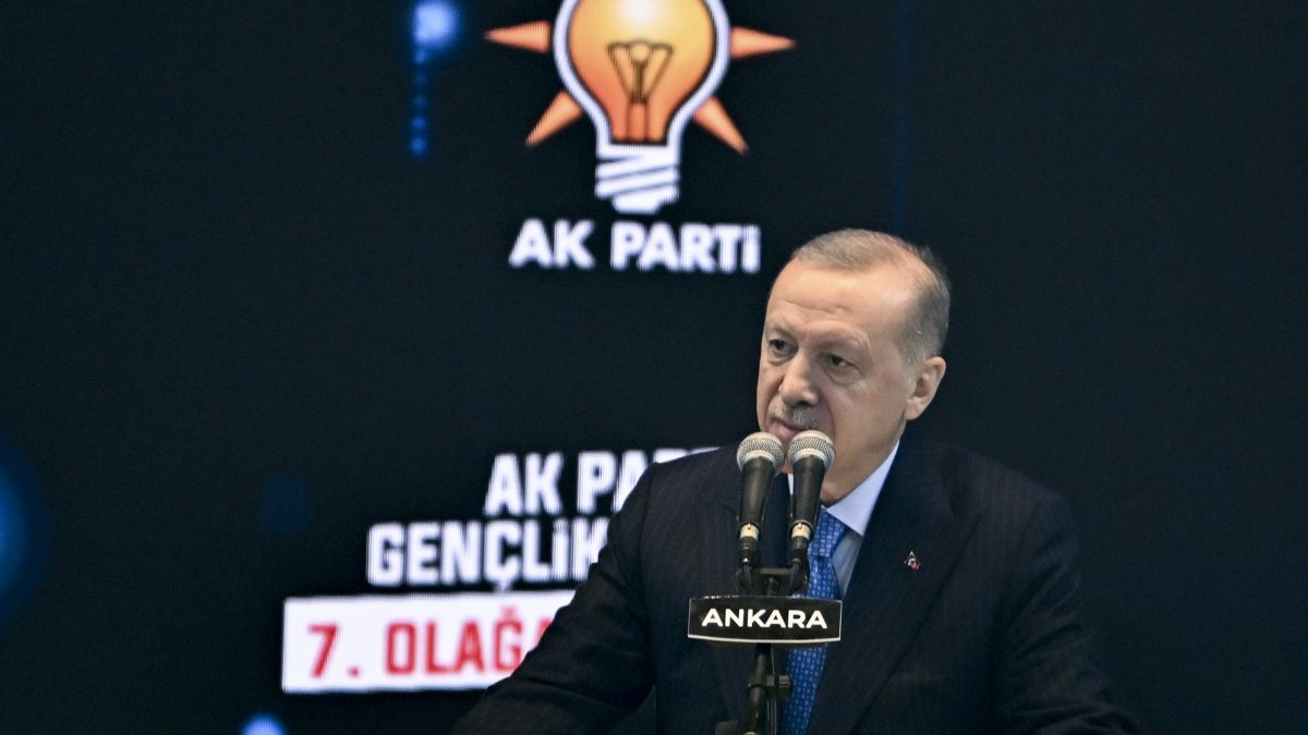 President Recep Tayyip Erdoğan speaks at a congress meeting of his ruling Justice and Development Party’s (AK Party) youth branches, Ankara, Türkiye, Jan. 27, 2025. (AA Photo)