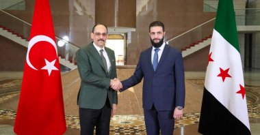 National Intelligence Organization (MIT) head Ibrahim Kalın (L) and Syria's new leader Ahmed al-Sharaa shake hands as part of their meeting, Damascus, Syria, Jan. 26, 2025. (AA Photo)