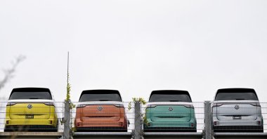 Volkswagen ID. Buzz electric vehicles are lined up at the company's plant in Hanover, Germany, Dec. 17, 2024. (Reuters Photo)