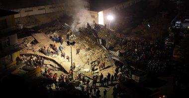 A drone-captured view of the collapsed Taşoluk Apartment building, Konya, Türkiye, Jan. 24, 2025. (DHA Photo)