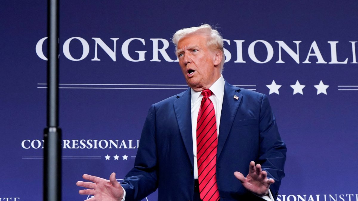 U.S. President Donald Trump speaks during a House Republican members conference meeting in Trump National Doral resort, Miami, Florida, U.S., Jan. 27, 2025. (Reuters Photo)