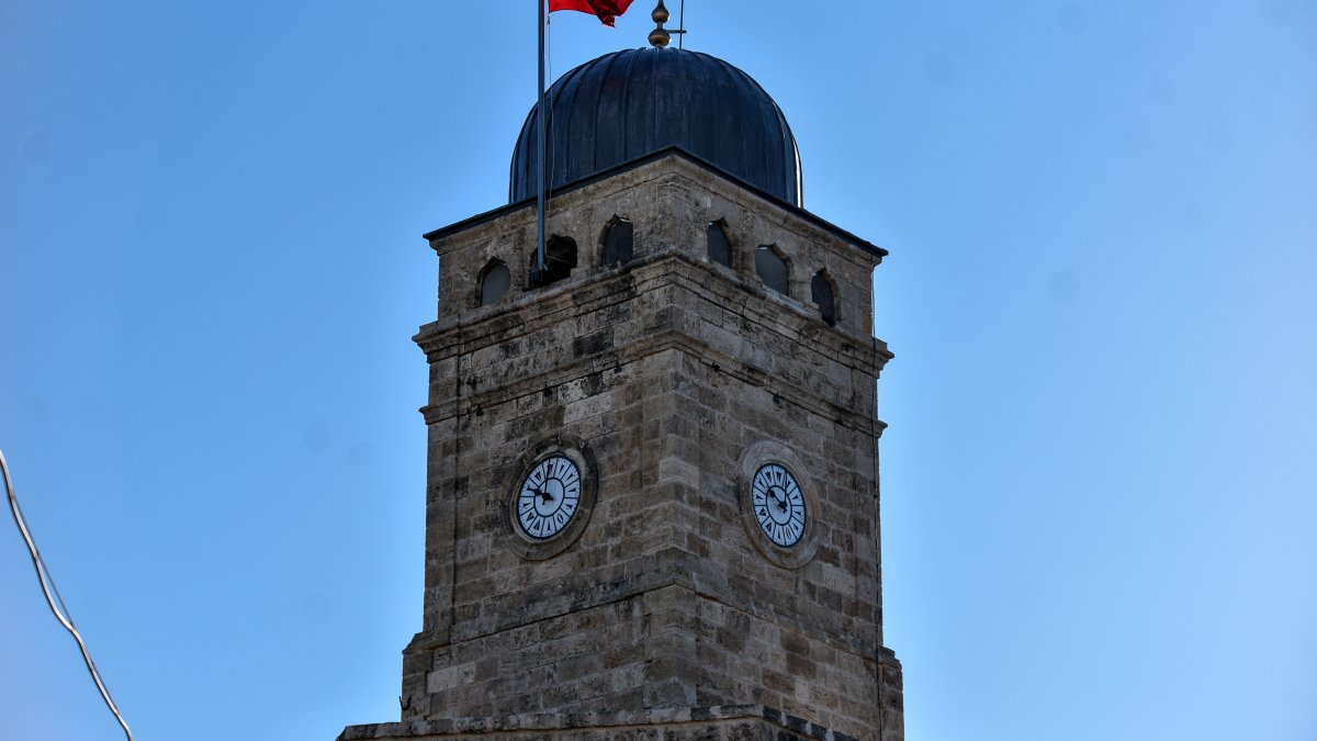 The restored Clock Tower with its newly installed clockface that occasionally stops due to power outages, Antalya, Türkiye, Jan. 20, 2025. (DHA Photo)