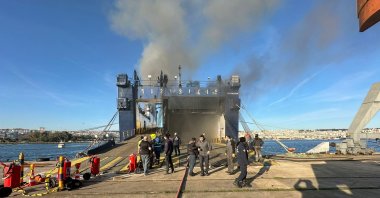 Firefighting teams work to control the blaze on the "Firuze G" bulk carrier at Samsun Port, Türkiye, Jan. 28, 2025. (AA Photo)
