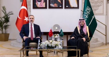 Foreign Minister Hakan Fidan (L) and Saudi Foreign Minister Faisal bin Farhan Al Saud meet in the capital, Riyadh, Saudi Arabia, Jan. 28, 2025. (AA Photo)