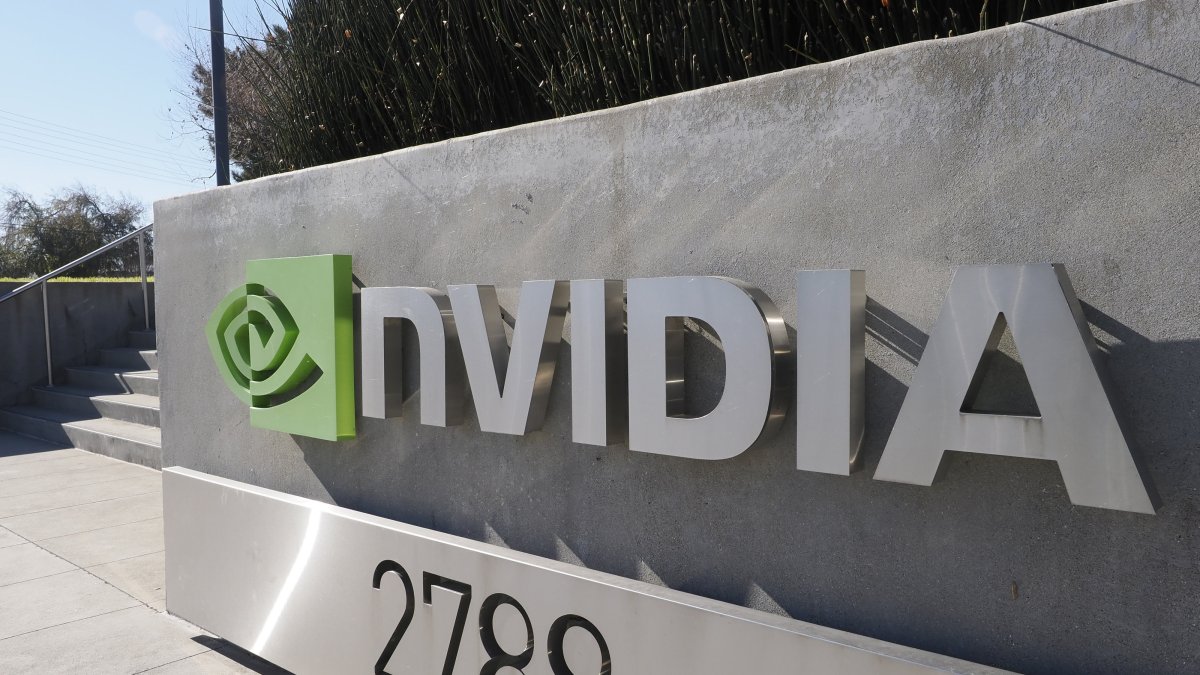 Exterior view and signage at Nvidia Corporation headquarters in Santa Clara, California, U.S., Jan. 28, 2025. (EPA Photo)