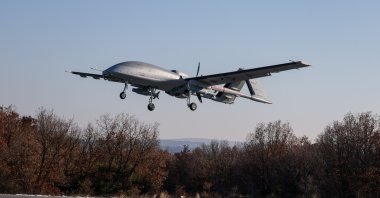 Baykar&#039;s Bayraktar TB3 drone takes off from the Çorlu Flight Training and Test Center, Tekirdağ, northwestern Türkiye, Jan. 17, 2025. (AA Photo)