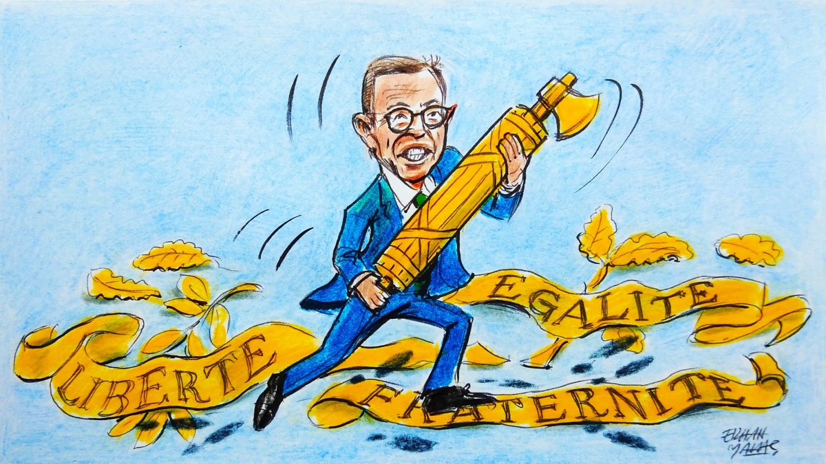 "A clumsy public relations campaign led by the rising star of the far-right in France, Interior Minister Bruno Retailleau, uses this hysterical campaign for his presidential ambitions in 2027." (Illustration by Erhan Yalvaç)