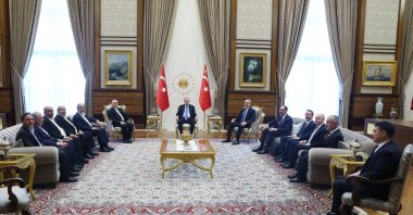 President Recep Tayyip Erdoğan (C) hosts a Hamas delegation at the Presidential Complex in the capital, Ankara, Türkiye, Jan. 29, 2025. (AA Photo)
