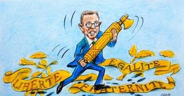 "A clumsy public relations campaign led by the rising star of the far-right in France, Interior Minister Bruno Retailleau, uses this hysterical campaign for his presidential ambitions in 2027." (Illustration by Erhan Yalvaç)