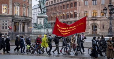 People participate in a protest against the American presence in Denmark, during a march in Copenhagen, Denmark, Jan. 26, 2025. (EPA Photo)