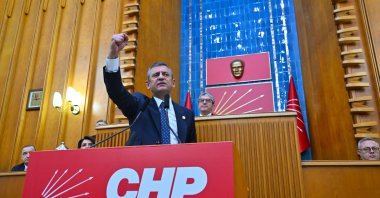 Main opposition Republican People&#039;s Party (CHP) Chairperson Özgür Özel gestures during an address to party members in Ankara, Türkiye, Jan. 28, 2024. (AA Photo)