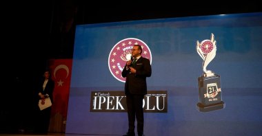 Egemen Bağış delivers a speech after receiving the award in Istanbul, Türkiye, Jan. 30, 2024. (DHA Photo) 