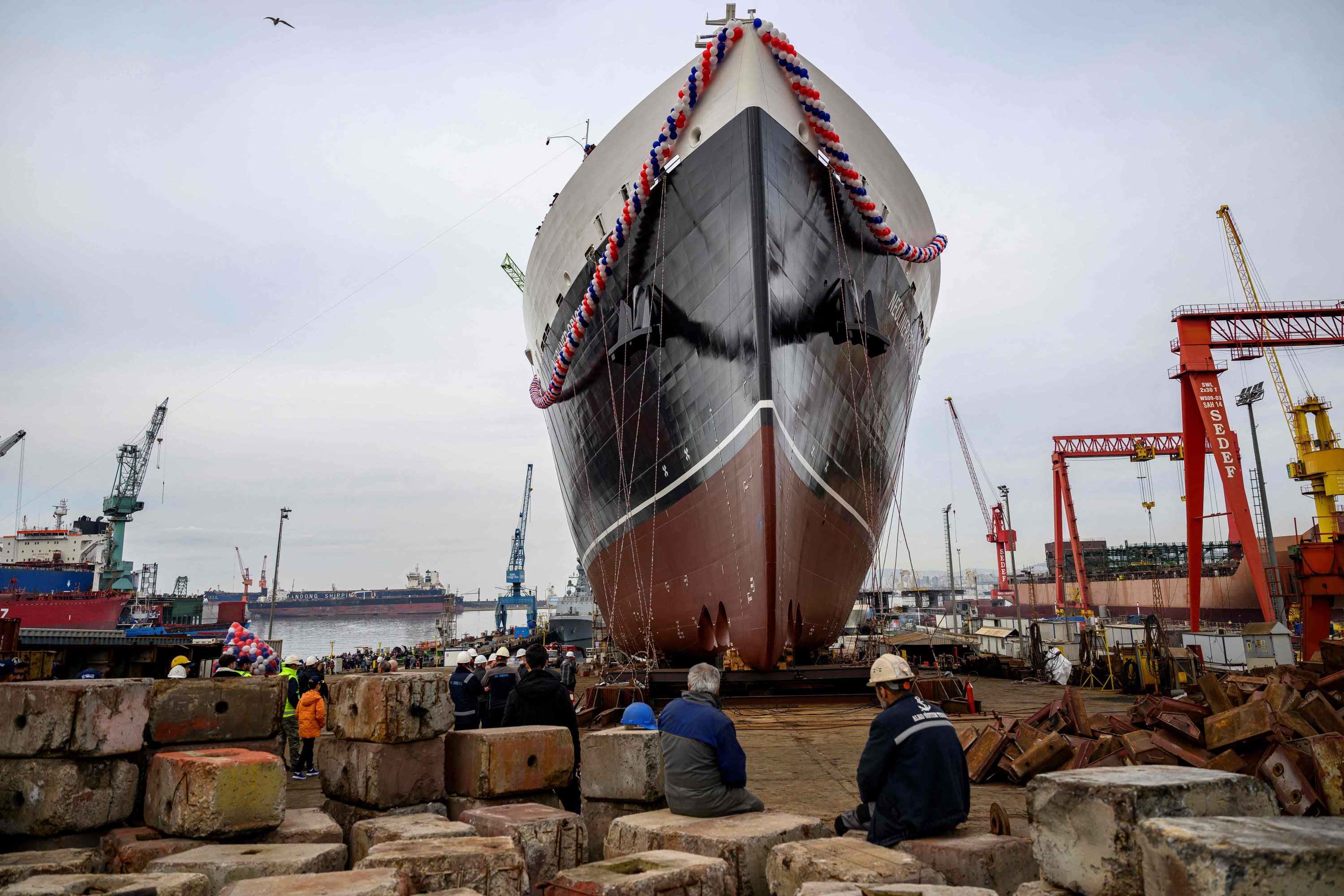 The world's longest wind-powered cargo ship, Neoliner Origin during its launching ceremony at the port of Tuzla, outside Istanbul, Türkiye, Jan. 30, 2025. (AFP Photo)
