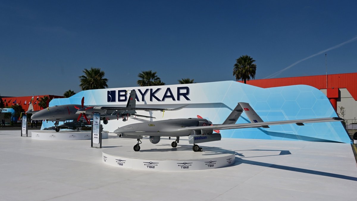 The Bayraktar TB2 drone (R) is on display next to Baykar&#039;s Akıncı unmanned combat aerial vehicle during the SAHA EXPO 2024, an international defense and aerospace exhibition, Istanbul, Türkiye, Oct. 23, 2024. (AA Photo)