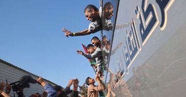 Palestinians who were imprisoned by Israel are welcomed by family and friends as they arrive in Khan Younis, southern Gaza Strip, Palestine, Feb. 1, 2025. (AFP Photo)