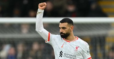 Liverpool&#039;s Mohamed Salah celebrates after scoring against Bournemouth in a Premier League match, Bournemouth, U.K., Feb. 1, 2025. (AFP Photo)
