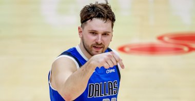 Dallas Mavericks guard Luka Doncic reacts after making a basket against the Atlanta Hawks in an NBA game, Atlanta, Georgia, U.S., Jan. 26, 2024. (EPA Photo)