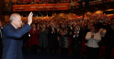 President Recep Tayyip Erdoğan greets the audience in Istanbul, Türkiye, Feb. 2, 2025. (DHA Photo)