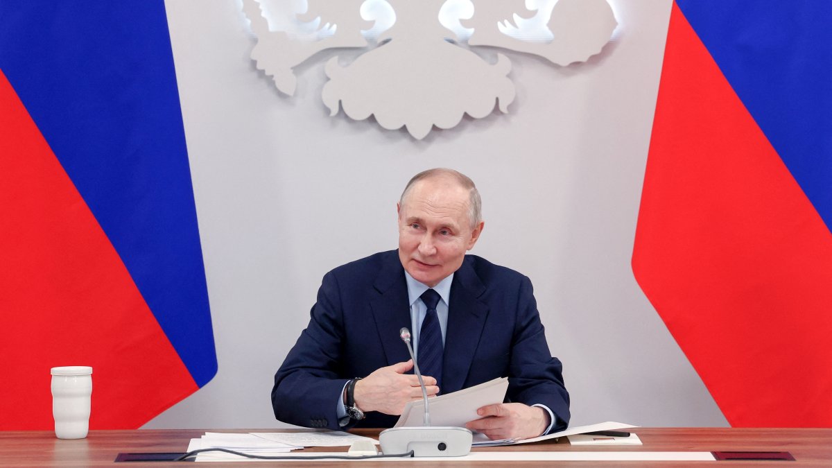 Russian President Vladimir Putin chairs a meeting on development of unmanned aviation in the city of Togliatti, Russia Jan. 28, 2025. (Sputnik/Vyacheslav Prokofyev/Pool via Reuters)
