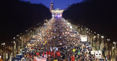 Protesters rally in front of the Brandenburg Gate in Berlin, Germany, Feb. 2, 2025. (EPA Photo)