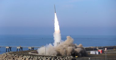  Türkiye&#039;s 1st homegrown short-range missile Tayfun conducts new test firing near Rize, Feb. 3, 2025. (AA Photo)