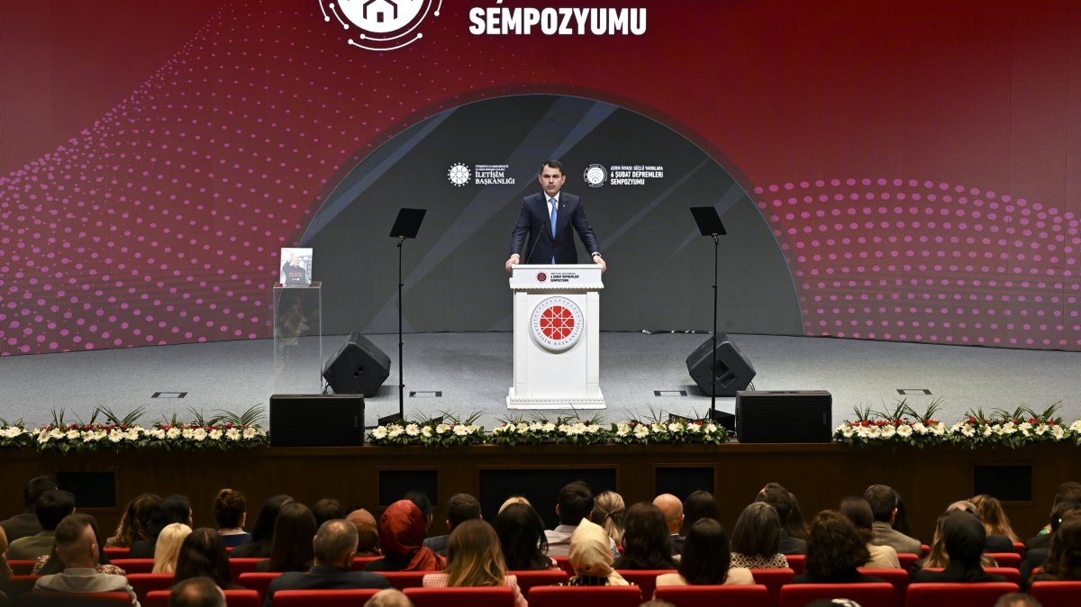 Environment, Urbanization and Climate Change Minister Murat Kurum speaks at an event on the anniversary of the Feb. 6 earthquakes, Ankara, Türkiye, Feb. 4, 2025. (AA Photo)