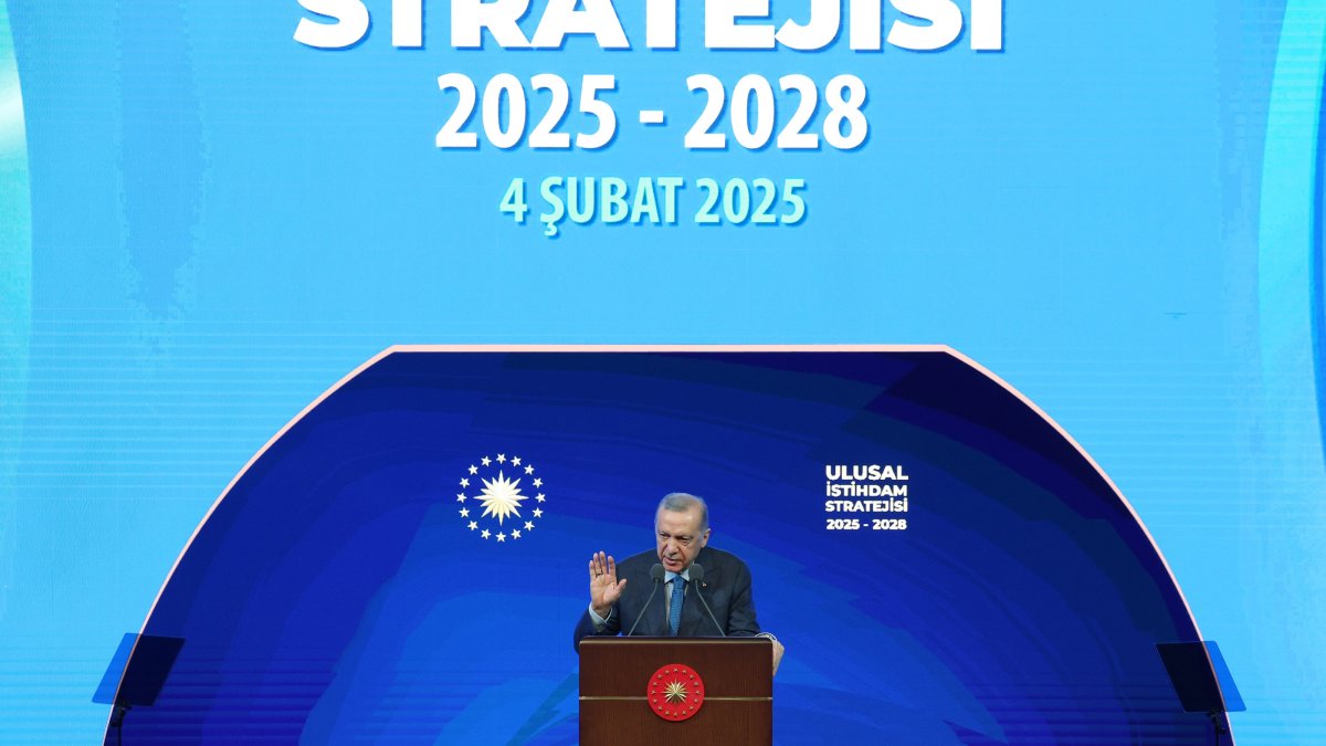 President Recep Tayyip Erdoğan speaks during an event to launch the National Employment Strategy and IŞKUR Youth Program, Ankara, Türkiye, Feb. 4, 2025. (AA Photo)