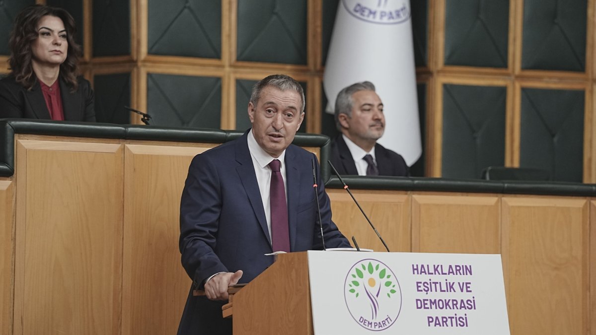 DEM Party co-Chair Tuncer Bakırhan speaks at the parliamentary group meeting of his party, Ankara, Türkiye, Feb. 4, 2025. (AA Photo)