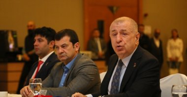 Victory Party (ZP) Chair Ümit Özdağ speaks at an event, Antalya, southern Türkiye, Jan. 17, 2025. (DHA Photo)