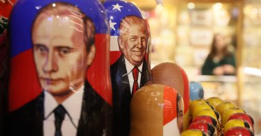 Traditional Russian Matryoshka dolls decorated with portraits of Russian President Vladimir Putin (L) and U.S. President Donald Trump are on display at a souvenir shop in downtown Moscow, Russia, Jan. 21, 2025. (EPA Photo)