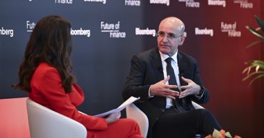 Treasury and Finance Minister Mehmet Şimşek speaks during the Future of Finance event by Bloomberg in Istanbul, Türkiye, Feb. 4, 2025. (AA Photo)
