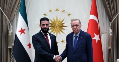 President Recep Tayyip Erdoğan and Syria&#039;s interim leader Ahmed al-Sharaa shake hands at the Presidential Complex in Ankara, Feb. 5, 2025. (Handout)