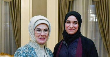 First lady Emine Erdoğan poses with Syria's First Lady Latifa al-Daroubi during their meeting at the Presidential Complex in Ankara, Feb. 4, 2025. (Communications Directorate Handout)