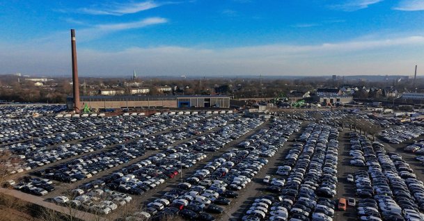 An aerial drone view of numerous new cars parked at a car logistics terminal, Essen, Germany, Feb. 3, 2025. (EPA Photo)