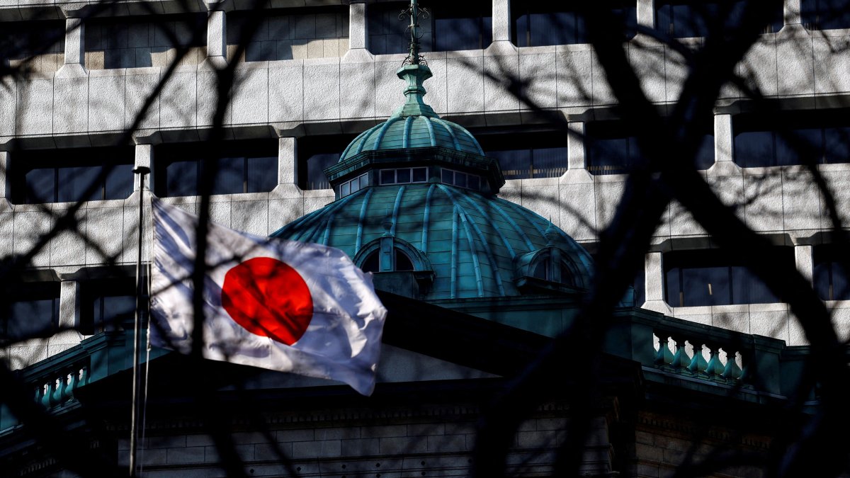 Japanese national flag hoisted atop the Bank of Japan headquarters is seen through trees in Tokyo, Japan, Jan. 23, 2025. (Reuters Photo)