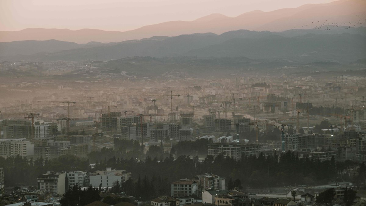 This photograph shows the Turkish Public Housing Agency (TOKI) construction areas (up) and the old city (down) in Antakya of Hatay province, southeastern Türkiye, Jan. 29, 2025.