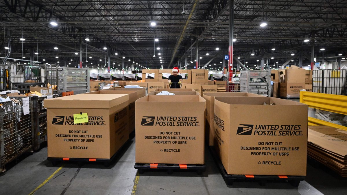A U.S. Postal Service employee wearing a Santa hat sorts mail at the Los Angeles Processing and Distribution Center, Los Angeles, U.S., Nov. 30, 2022. (AFP Photo)