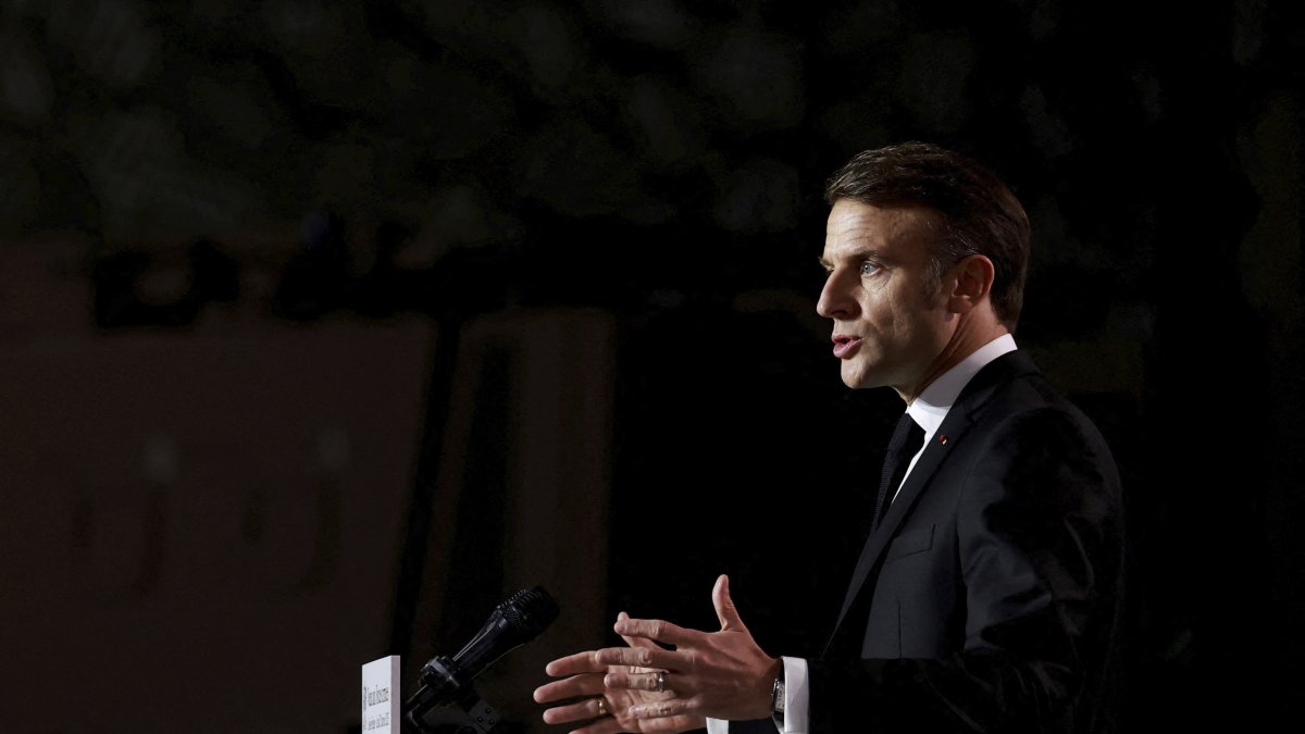 French President Emmanuel Macron delivers his New Year speech to the French Army as he visits at the Digital Support and Cyber Command (CATNC) of the French Army, in Cesson-Sevigne, western France, Monday, Jan. 20, 2025. (AP Photo)