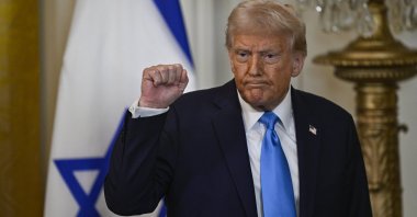 President Donald Trump gestures during a press conference at the White House, Washington, D.C., U.S., Feb. 4, 2024. (AA Photo)