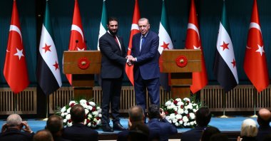 President Recep Tayyip Erdoğan and Syria&#039;s newly appointed president for a transitional phase, Ahmed al-Sharaa, pose as they shake hands after a joint news conference, Ankara, Türkiye, Feb. 4, 2025. (Reuters Photo)