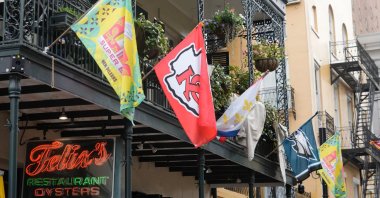 Kansas City Chiefs and Philadelphia Eagles flags on Bourbon Street ahead of Super Bowl LIX, New Orleans, L.A., U.S., Feb 4, 2025. (Reuters Photo)