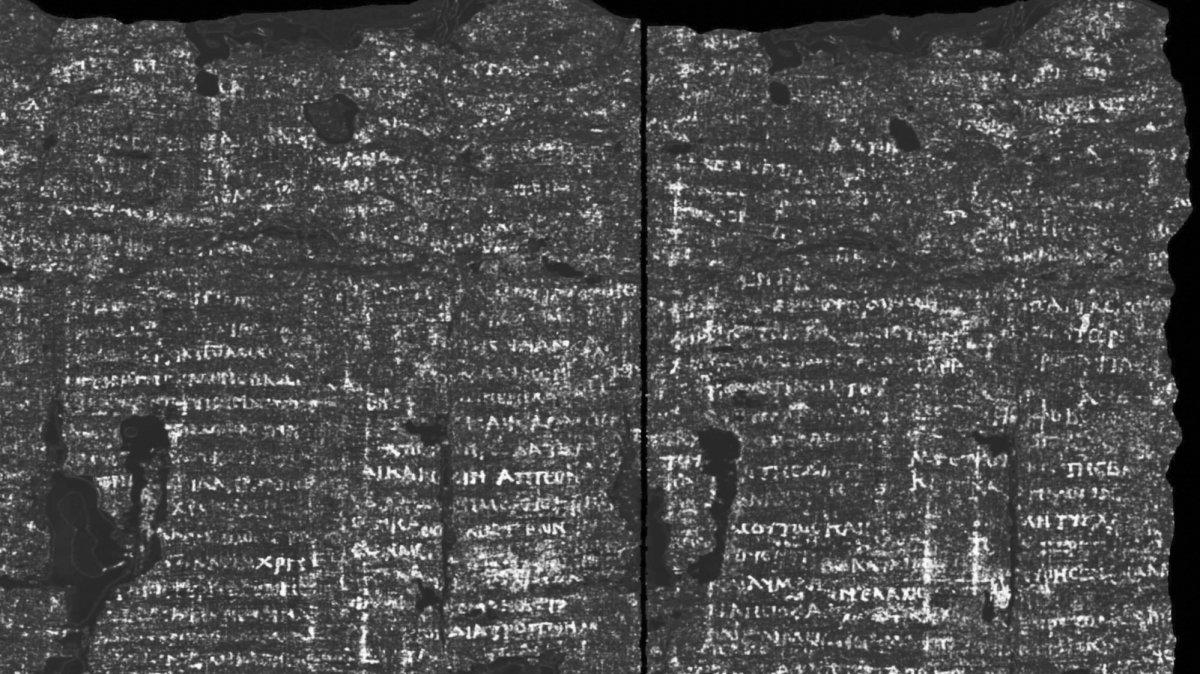 This undated image made available by Vesuvius Challenge shows an X-ray scan of part of the papyrus scroll PHerc.172, showing the word &quot;disgust.&quot; (AP Photo)