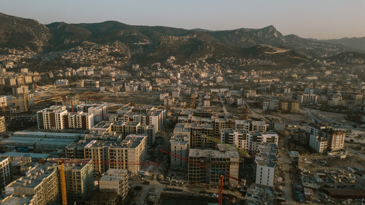 This aerial view shows Housing Development Administration (TOKI) construction areas in Antakya, Hatay, southeastern Türkiye, Jan. 29, 2025. (AFP Photo)