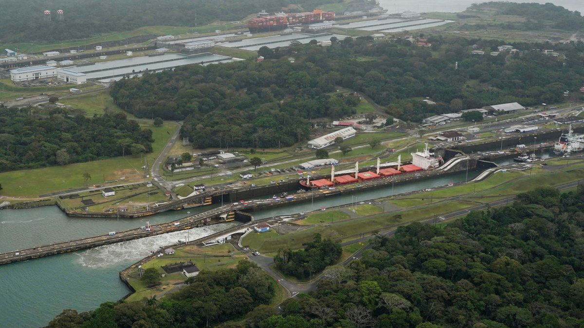 An aerial view shows a cargo ship transiting through the Gatun locks at the Panama Canal as U.S. President Donald Trump plans to regain control of the Canal, Colon, Panama, Feb. 1, 2025. (Reuters Photo)